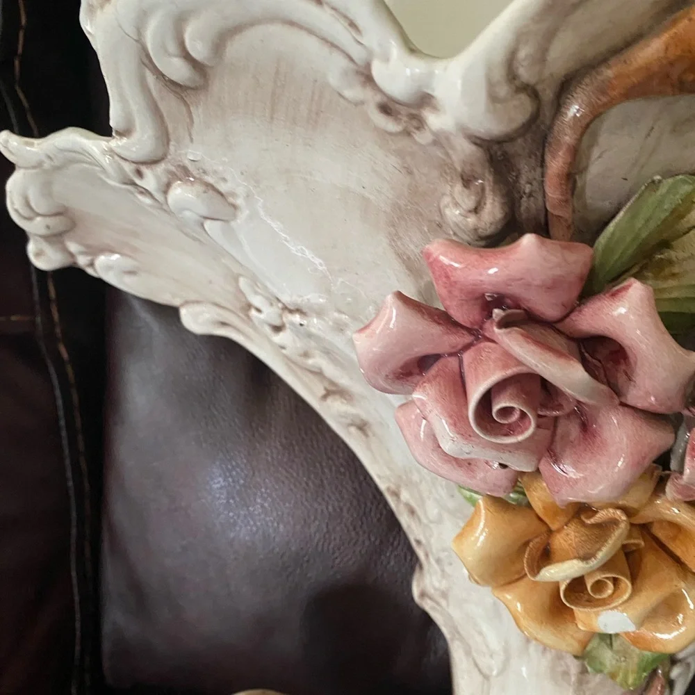 Vintage Italian Capodimonte Porcelain Floral Cornucopia Wall Sconce Planter 14”H